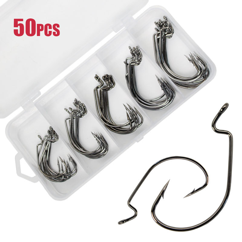 Fishing Hook Barbless - 50pcs หนอนกว้างตะขอเหล็กคาร์บอน Offset Fishhook BASS Barbed