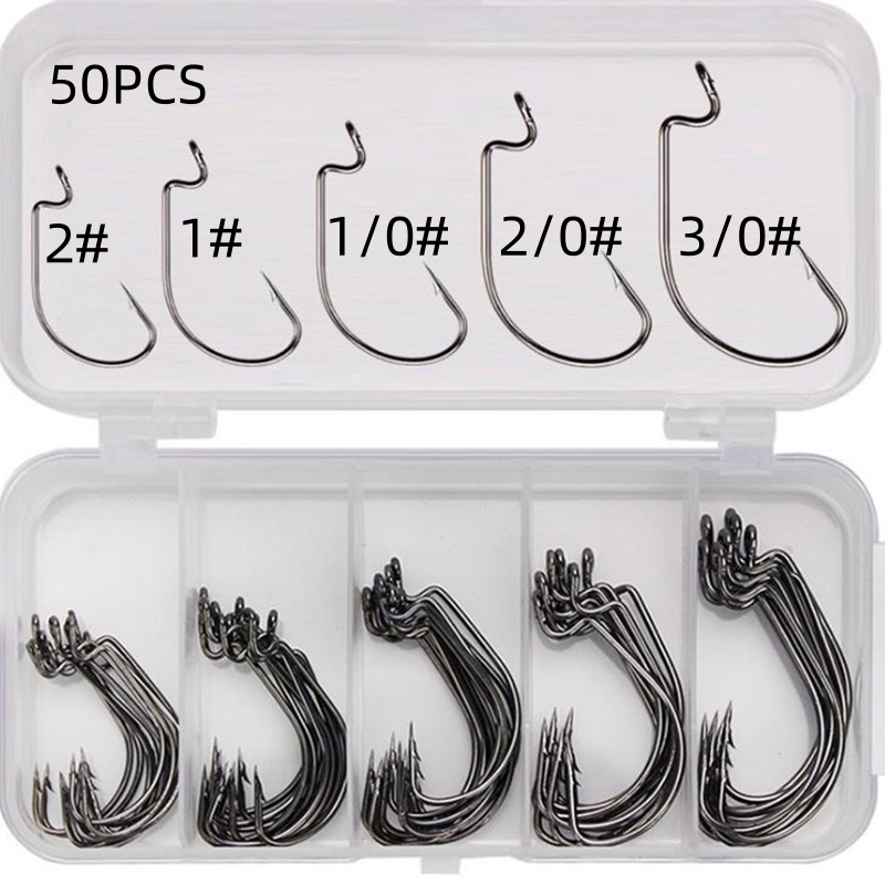 Fishing Hook Jig - เบ็ดตกปลาเหล็กกล้าคาร์บอนสูง 50 ชิ้น/กล่อง แบบออฟเซ็ต ปากกว้าง มีเงี่ยง