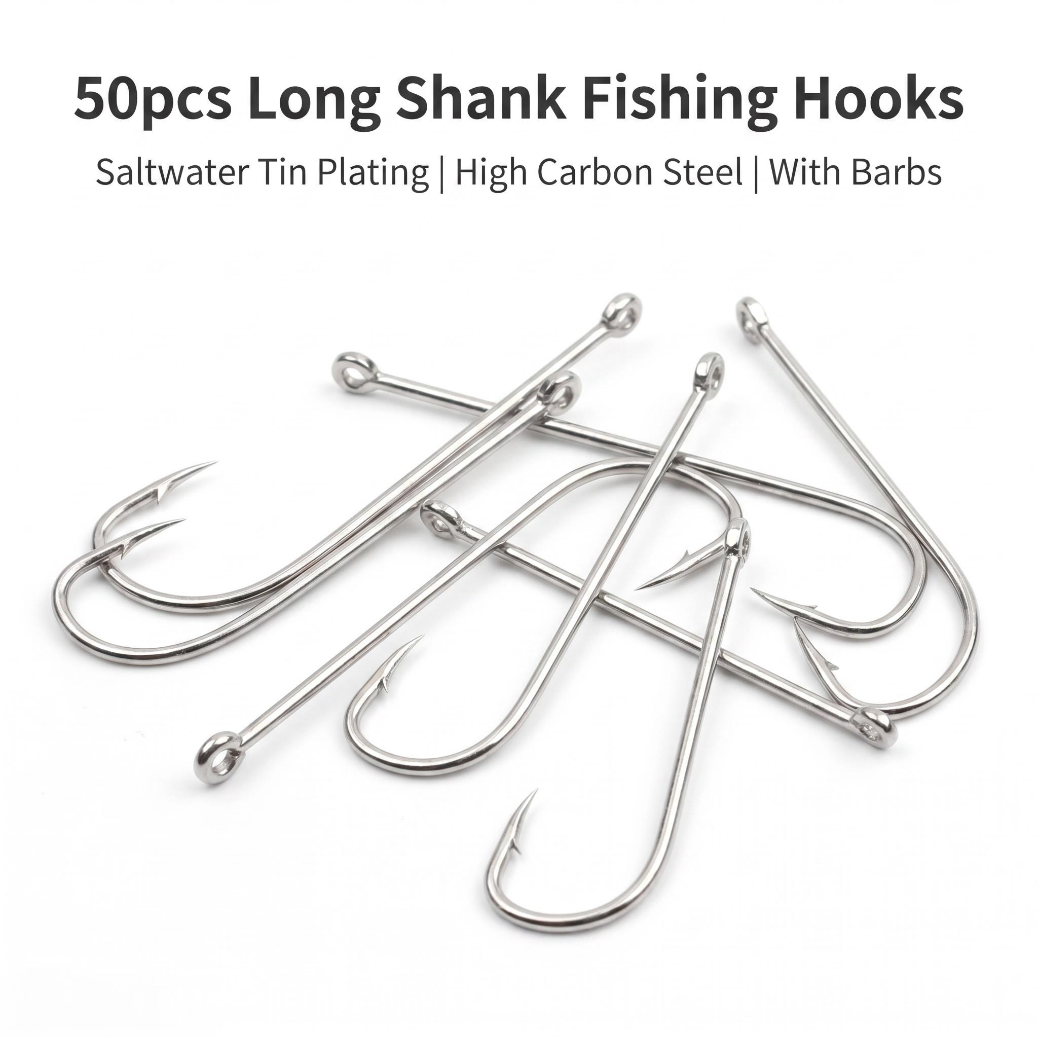 Fishing Hook Circle - ตะขอเกี่ยววงกลมสำหรับน้ำเค็มแบบก้านยาว 50 ชิ้น – เหล็กกล้าคาร์บอนสูงเคลือบดีบุกแบบมีหนาม สำหรับเหยื่อตกปลาทะเล